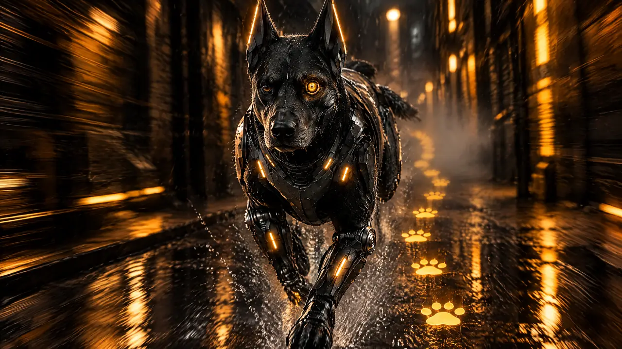 The hound sprinting down a neon alley leaving glowing paw prints