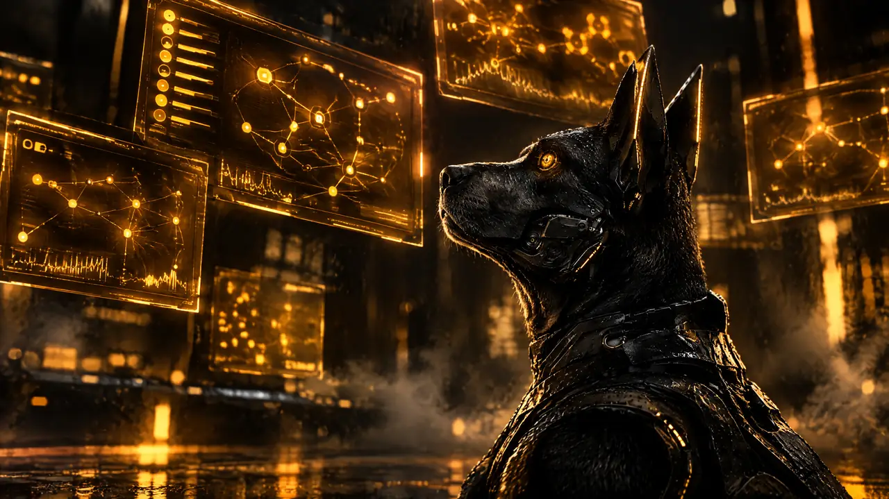 The hound studying floating amber holograms of a wallet network